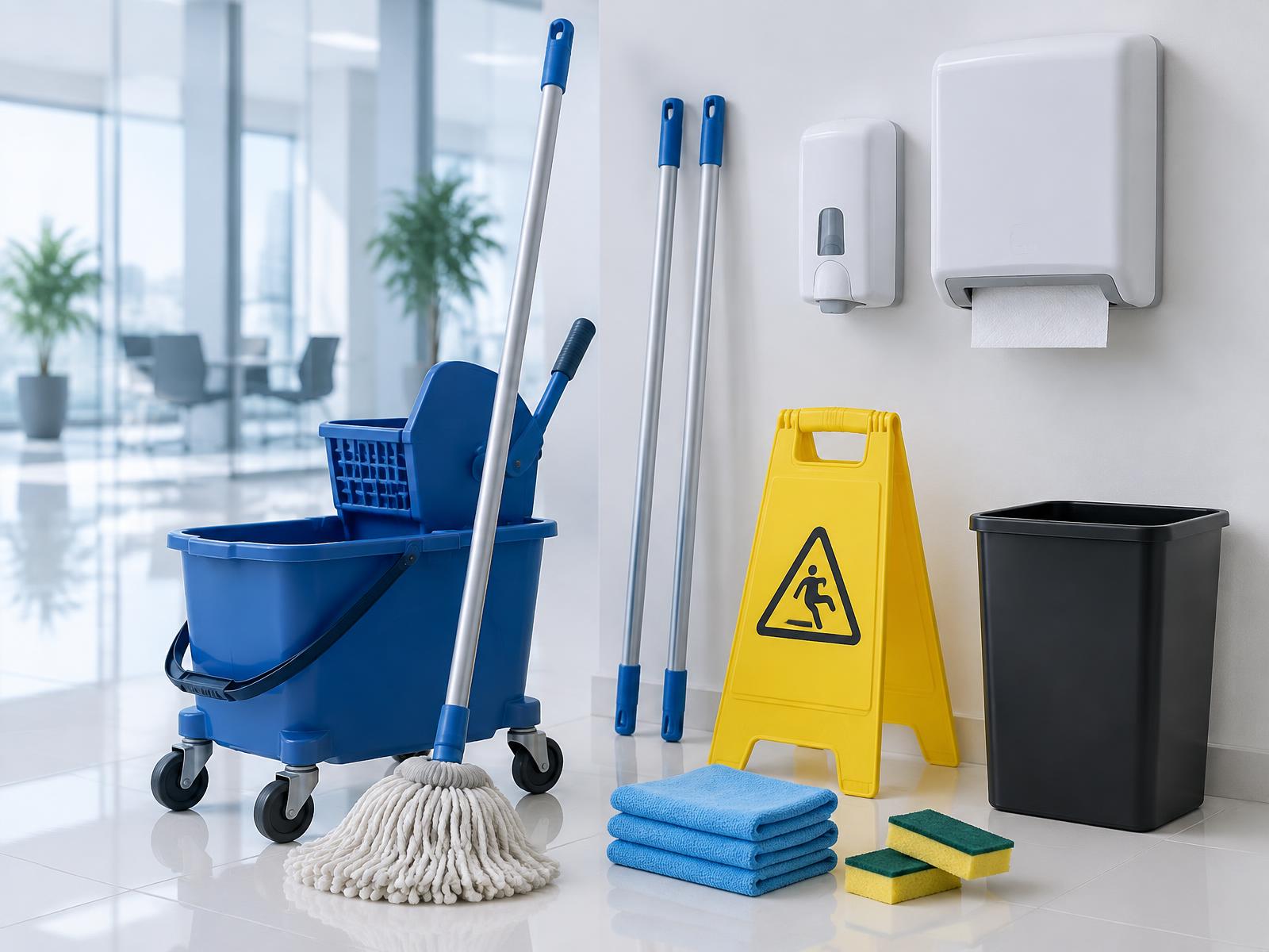 Carro balde, mop, cabos, dispensers, placa de sinalização e acessórios de limpeza
