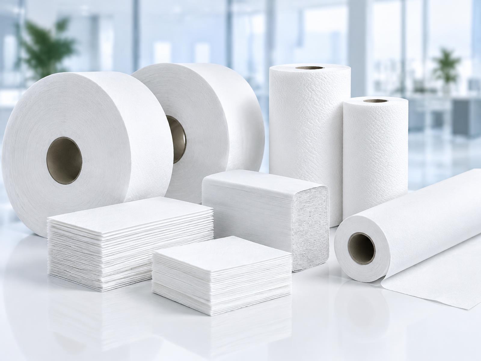 Rolos de papel higiênico, papel toalha, guardanapos e lençol hospitalar